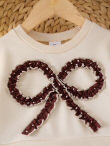SHEIN Playful Pals 女童冬季長袖洋裝，圓領衛衣上衣搭配大波點蝴蝶結裝飾，棕色波點網紗裙，甜美公主風秋季款 - 卡其色 - 查看 4