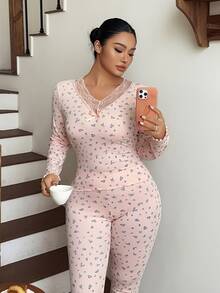 Dazy Plus 2pcs/Set Elegant Pink Ditsy Floral Long Pants Loungewear Pajama Set - Pink - View 5