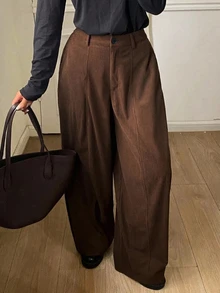 Dazy Plus Solid Color Corduroy Belt Curved Leg Casual Vacation Autumn/Winter Long Pants - Brown - View 1