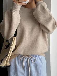Dazy Plus Plus Size Women's Autumn/Winter New Loose Casual Minimalist Basic Crew Neck Sweater - Camel - View 6