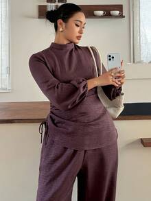 Dazy Plus Solid Color Fitted Waist Stand Collar Long Sleeve Pullover Shirt And Wide Leg Pants Elegant Spring/Autumn 2 Pieces Set - Purple - View 4