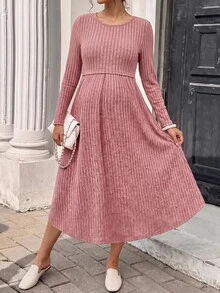 GentleRue Maternity Maternity Long Sleeve Round Neck Double Layer Top A-Line Hem Ribbed Fabric Dress Fall Homewear Breastfeeding Pink Casual Cropped - Dusty Pink - View 6