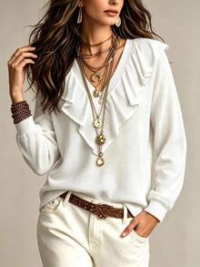 LUMIGAL Blus Lengan Panjang Wanita Model V-Neck dengan Desain Ruffle dan Tekstur Waffle untuk Musim Gugur/Dingin - Putih - View 4