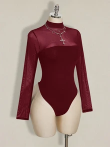 SHEIN ICON 大尺碼 Y2K 性感網紗拼接連身衣 - 酒紅色 - 查看 4