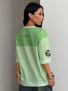 Coolane THE POWERPUFF GIRLS X SHEIN Plus Size Cartoon Print Contrast Color Short Sleeve Mesh T-Shirt - Multicolor - View 2