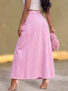 BriallanyX BriallanyX Women's Street Style Button Pocket Raw Hem Denim Skirt - Pink - View 2