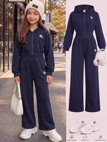 Áo khoác hoodie kéo khóa in chữ màu trơn phong cách tối giản cạp cao cho bé gái tween, thu đông - Màu xanh hải quân - Xem 4