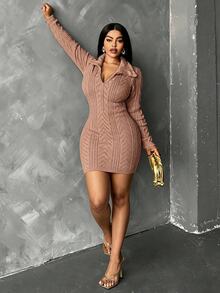 Maweii Plus Women's Pink Elegant Sweater Dress,Autumn Twisted Rope Long Sleeve Collared Fitted Mini Dress - Rusty Rose - View 5