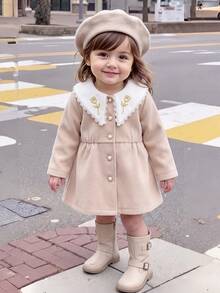 SHEIN Cute Colorblock Peter Pan Collar Long Coat For Baby Girls - Apricot - View 7
