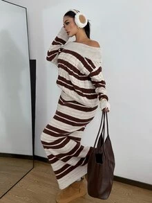 POPSWAY Autumn/Winter Design Cold Shoulder Grey Striped Knit Skirt And Sweater Set Fall Formal Travel Elegant Casual - Multicolor - View 5
