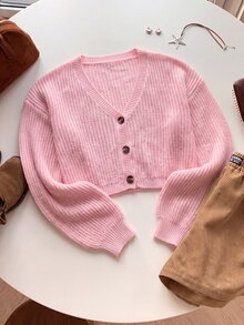 SHEIN EZwear 純色鈕扣前開襟羅紋針織開襟衫，長袖上衣，秋冬針織毛衣 - 淺粉色 - 查看 3