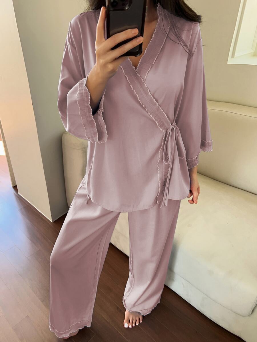 DAZY 2pcs/Set Women's Lace Patchwork Asymmetric Placket V-Neck Long Sleeve Top & Straight Leg Long Pajama Pants Sleepwear Set - Mauve Purple - View 1