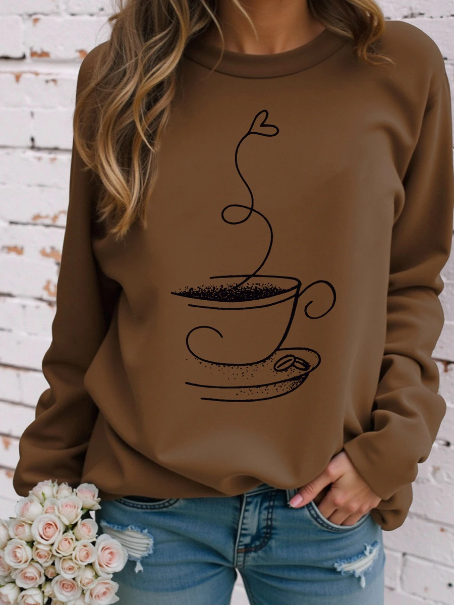 EMERY ROSE Women's Casual Tea Cup Print Round Neck Plus Size Long Sleeved T-Shirt For Autumn Graphic Tees Women Tops For Spring Fall - Coffee Brown - View 1