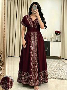 Modelyn Floral Plant Embroidered Style Women's Fashion V-Neck Short Sleeve Cinched Waist Long Dress, Floral Pattern Black Dress, Suitable For Daily And Going Out Wear - Multicolor - View 1