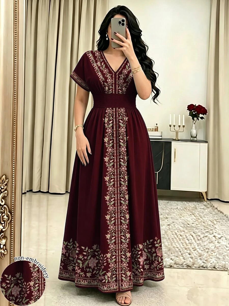 Modelyn Floral Plant Embroidered Style Women's Fashion V-Neck Short Sleeve Cinched Waist Long Dress, Floral Pattern Black Dress, Suitable For Daily And Going Out Wear - Multicolor - View 1