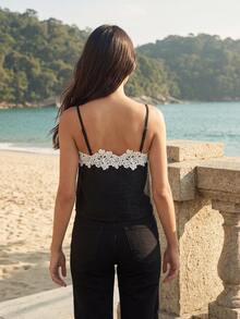 CAJUNI Lace Contrast Color Camisole, Suitable For Vacation, Summer Going Out Black And White French Romantic - Black and White - View 7