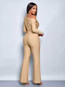 SOLERSUN Women Elegant OneShoulder Ruched Jumpsuit,Long Sleeve Metal Buckle Detail Flare Leg Formal Romper For Wedding Guest Evening Party Holiday Occasion - Khaki - View 2