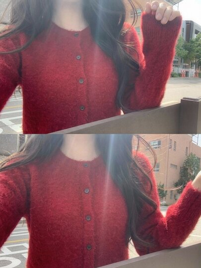 DAZY Women's Solid Red Loose Long Sleeve Crew Neck Brushed Knit Cardigan, Casual Vacation Korean Style, Thickened Autumn/Winter