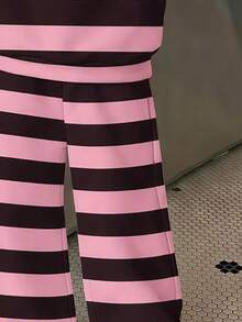 Teen Girl Letter Graphic Striped Hoodie And Pants Set - Multicolor - View 5