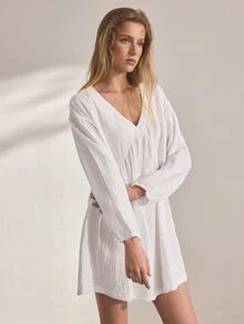 Ocili Women's Solid Color Pure Cotton Comfortable Minimalist Long Sleeve Nightgown Loungewear Dress - White - View 5