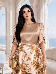 Auveirra Plus Size Elegant Floral Print Round Neck Short Sleeve Dress - Khaki - View 6
