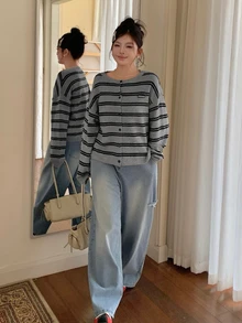 Dazy Plus Contrast Stripe Loose Long Sleeve Open Front Letter Patch Casual Elegant Streetwear Vacation Fall Knit Cardigan Homewear Grey - Grey - View 3