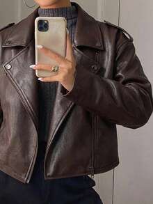 Dazy Plus Plus Size Women's PU Leather Zipper Front Loose Casual Jacket Coat, Autumn New Style Winter - Brown - View 1