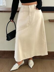 Dazy Plus Autumn New High Waist Solid Color Asymmetric Patchwork Loose A-Line Denim Long Skirt - Apricot - View 6