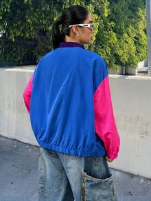 Muchica Autumn/Winter Casual Multi-Color Patchwork Plus Size Jacket - Royal Blue - View 2