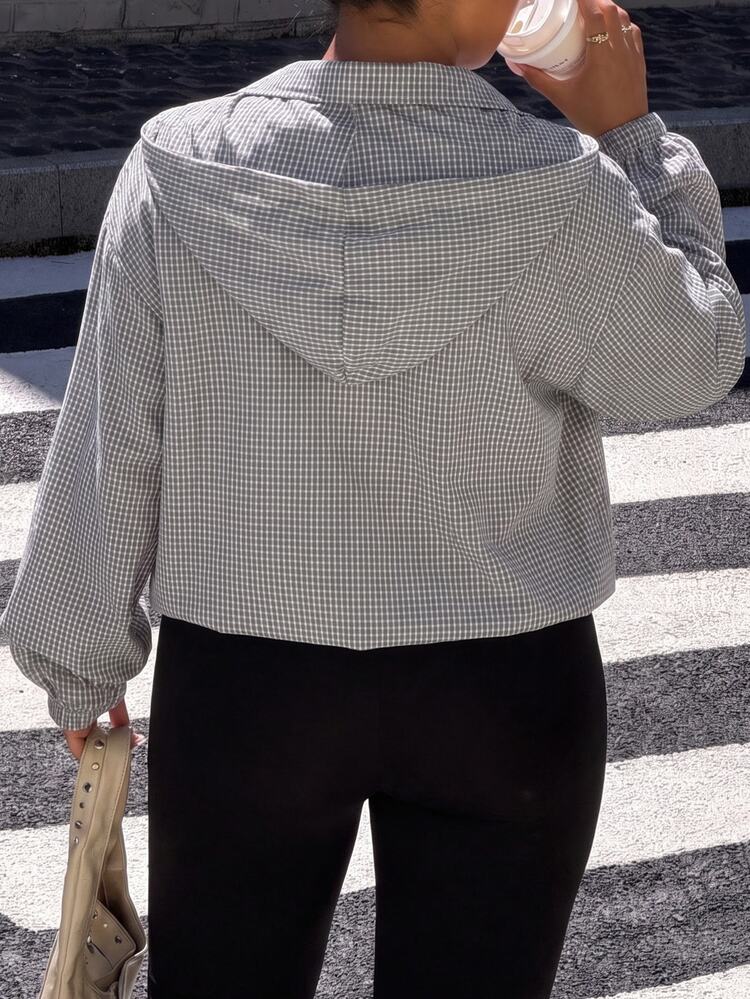 Muchica Plus Size Women's Plaid Woven Long Sleeve Zip-Up Jacket Travel Everyday Grey Plaid Autumn Streetwear - Multicolor - View 2
