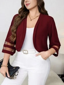 Reflora Plus Size Vintage Mesh Patchwork Jacket For Office And Commute - Burgundy - View 9