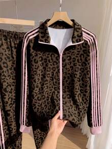 SHEIN EZwear 大尺碼女款豹紋拼色長袖上衣與長褲休閒日常套裝 - 彩色 - 查看 7