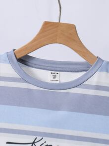SHEIN 兒童青少年男孩極簡條紋字母圖案圓領長袖寬鬆休閒居家睡衣套裝 2件組 秋季 - 彩色 - 查看 7