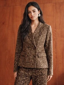 Anewsta Vintage Leopard Print Suit Set, Double-Breasted Wide Leg Pants, High-End 2 Pieces Set - Brown - View 7