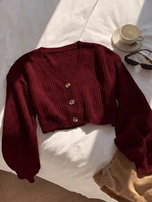 SHEIN EZwear 純色鈕扣前開襟羅紋針織開襟衫，長袖上衣，秋冬針織毛衣 - 酒紅色 - 查看 3