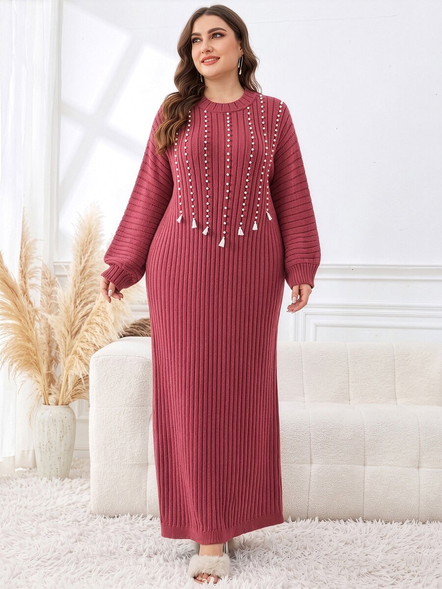 Lacomfia Plus Size Women's Faux Pearl Decor Patchwork Tassel Design Round Neck Long Sleeve Elegant Knit Dress - Red Violet - View 1