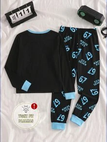 大童男孩秋季新款 UV 手電筒感光數位遊戲 67 圖案印花圓領上衣搭配滿版印花長褲長袖修身 2 件套家居服 - 黑色 - 查看 3