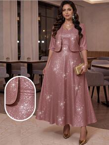 SHEIN Lady Plus Size Women's Shiny Open Front Short Sleeve Jacket And Dress Elegant 2 Pieces Set - Dusty Pink - View 1