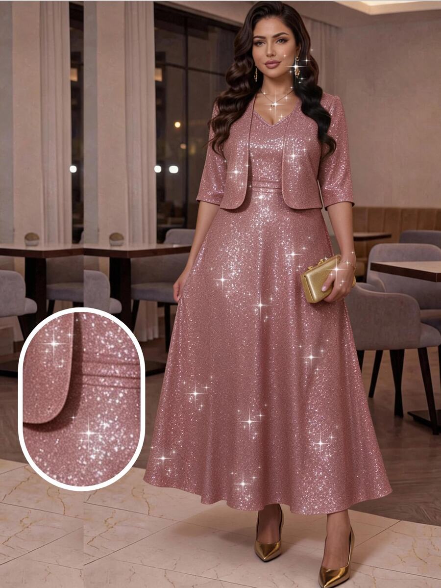 SHEIN Lady Plus Size Women's Shiny Open Front Short Sleeve Jacket And Dress Elegant 2 Pieces Set - Dusty Pink - View 1