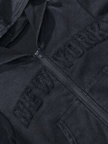 SHEIN 兒童 2 件組小男孩休閒深藍色 Fit-Up 連帽衛衣與秋季長褲套裝，白色字母圖案與條紋設計 - 黑色 - 查看 4