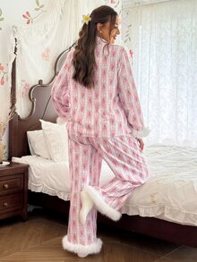 CottageSlumber Plus Size Women's Romantic Pajama Set With Pink Foundation, Bow, Rose Print, Cuffed Sleeves And Hems, Fur Trim, Front Button Closure And Patch Pockets, Long Sleeve Long Pants - Pink - View 3