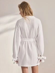 Ocili Women's Solid Color Pure Cotton Minimalist Daily Tie-Up Comfortable Long Sleeve Loungewear Robe Housecoat - White - View 3