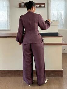 Dazy Plus Solid Color Fitted Waist Stand Collar Long Sleeve Pullover Shirt And Wide Leg Pants Elegant Spring/Autumn 2 Pieces Set - Purple - View 7