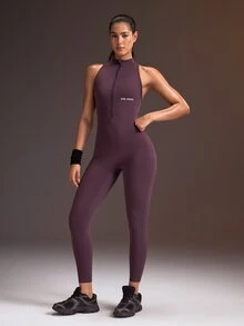 Powerista بدلة رياضية نسائية بدون أكمام بتصميم كتل لونية وفتحة خلفية وسحاب أمامي - الأرجواني - مشاهدة 3