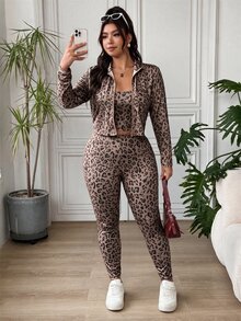 SHEIN EZwear Plus Size Women Leopard Print Inner Layer And Long Sleeve Top And Leggings Casual Daily Outfit Set - Brown - View 8