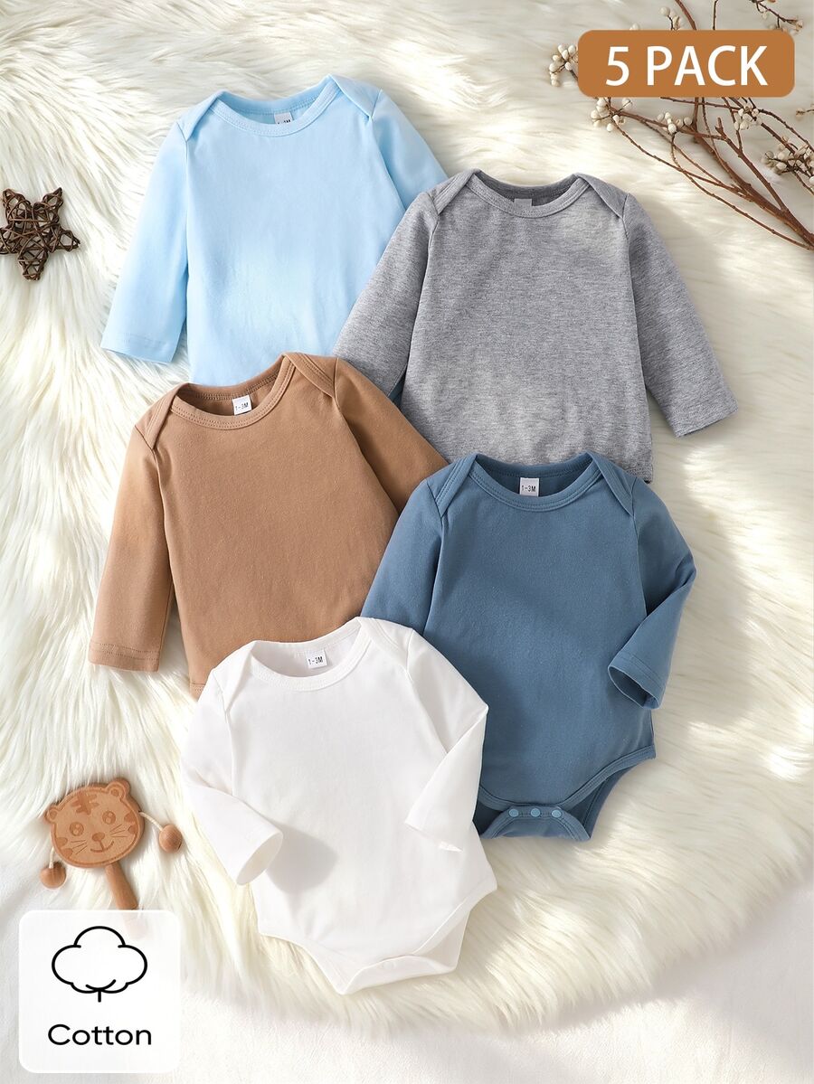 SHEIN 5件組新生兒休閒可愛簡約純色棉質長袖三角連身衣,適合日常穿著、外出與拍照,適用0-9個月嬰兒 - 彩色 - 查看 1