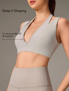OutZeal Women Sports Bra Gym Workout Yoga Quick-Dry Bra-In Deep V Halter-Neck Bra - Light Grey - View 2