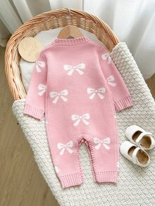 SHEIN Baby Girl Cute Bow Pattern Pink Knit Romper, Suitable For Autumn/Winter - Pink - View 6