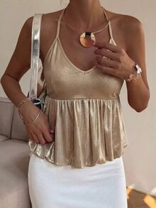 Lavishia Women's Elegant Sexy Party Metal Halter Top, Suitable For Cocktail Party, Holiday, Halter Neck - Gold - View 6