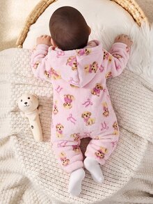 SHEIN 新生兒男嬰/女嬰可愛秋冬休閒白色毛絨卡通熊圖案連帽連身衣家居服 - 淺粉色 - 查看 2